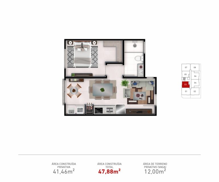 Apto. Tipo 03  |  01 Dorm.  |  Aptos. 103, 203, 303 e 403