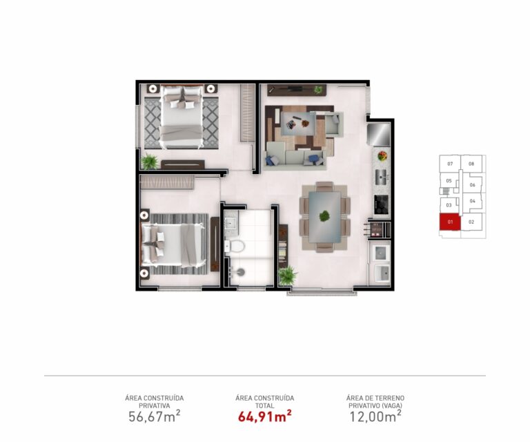 Apto. Tipo 01  |  02 Dorm.  |  Aptos. 201, 301 e 401