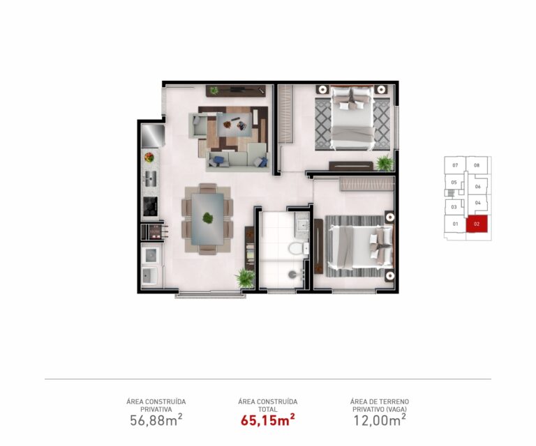 Apto. Tipo 02  |  02 Dorm.  |  Aptos. 202, 302 e 402