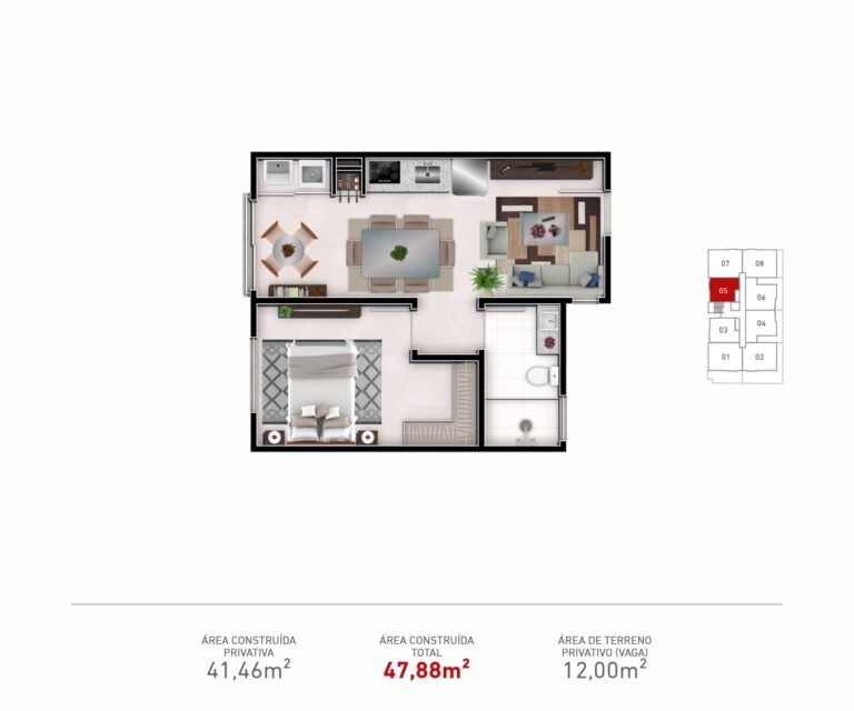 Apto. Tipo 05  |  01 Dorm.  |  Aptos. 105, 205, 305 e 405