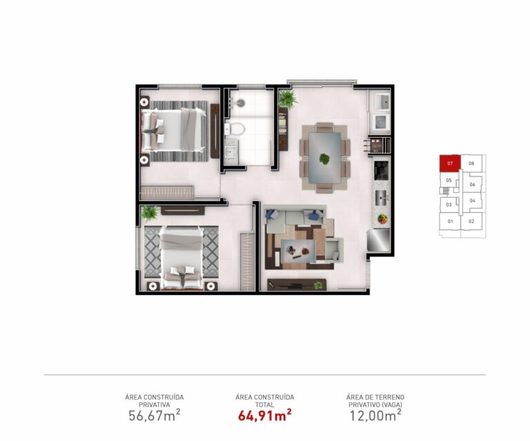 Apto. Tipo 07  |  02 Dorm.  |  Aptos. 207, 307 e 407