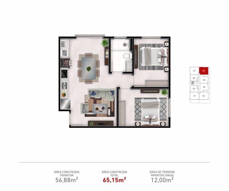 Apto. Tipo 08  |  02 Dorm.  |  Aptos. 208, 308 e 408